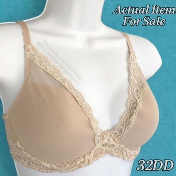 Natori 32DD / 32E Bra Beige Cafe Feathers Lightly Padded Underwire Plunge NWOT - Picture 1 of 9